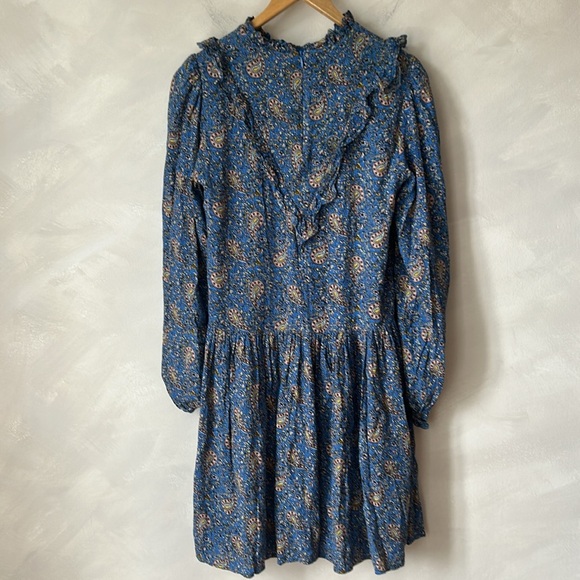 Anthropologie Maria dress, blue paisley ruffle bib prairie long sleeve western - Picture 9 of 10